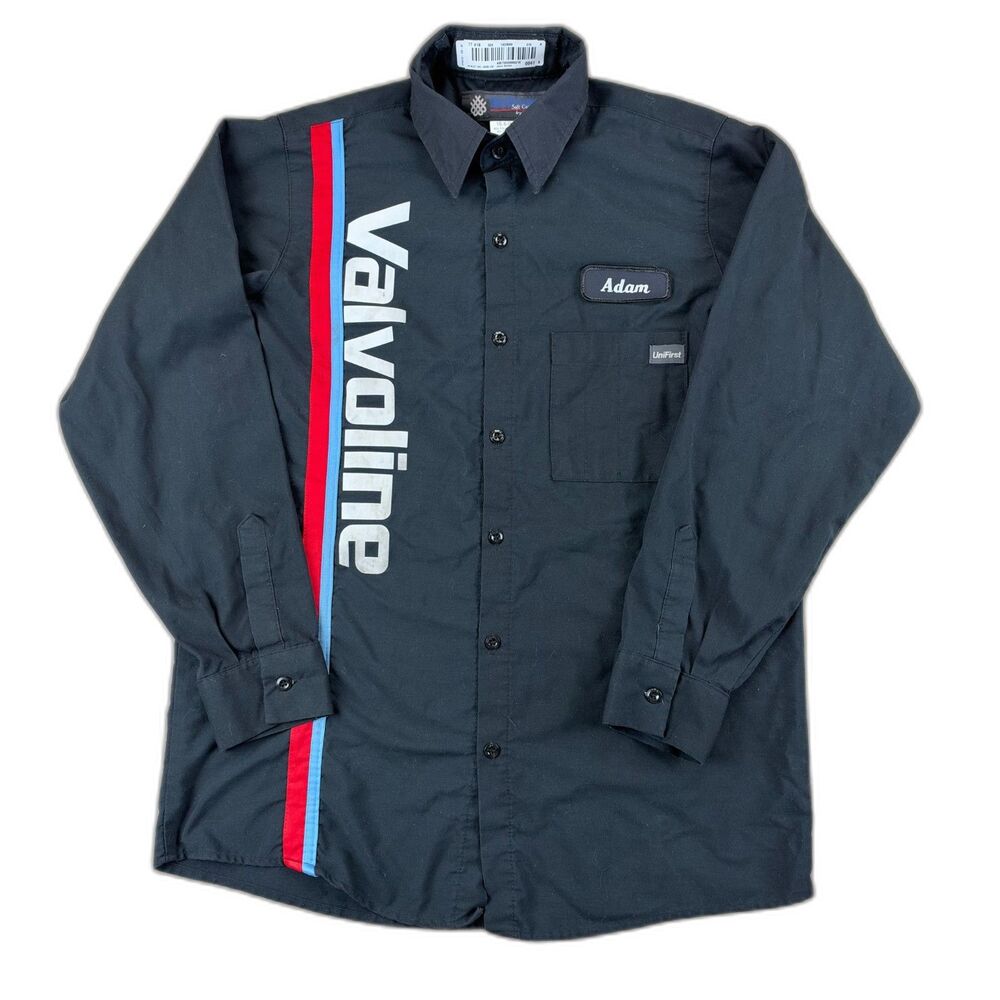 Valvoline Oil Button Up Long Sleeve Black Work UniFirst Industrial Shirt Men Lar